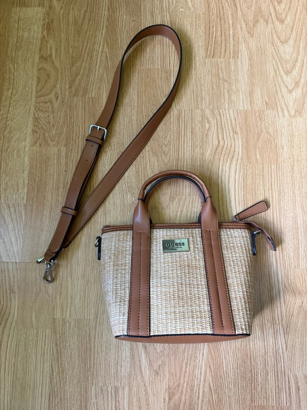 GUESS Brown and Tan Woven Crossbody Mini Purse